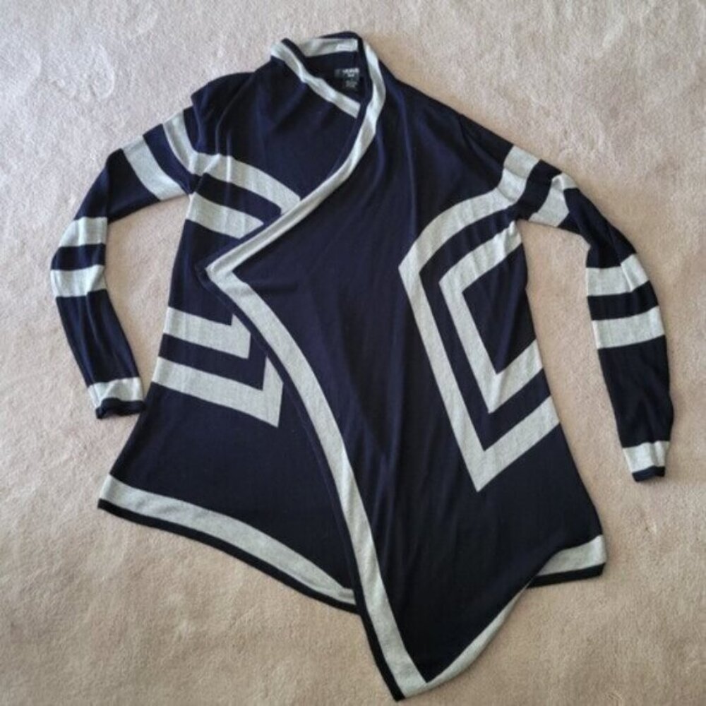 Verve Ami Open Front Cardigan Sweater Wrap Navy Blue amd Gray Striped Si…